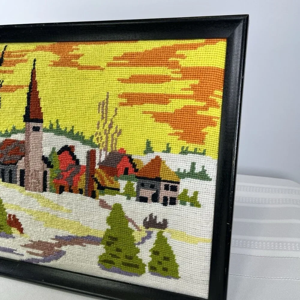 Vintage MCM Needlepoint Landscape Of Church Village Framed 17” X 12” Winter